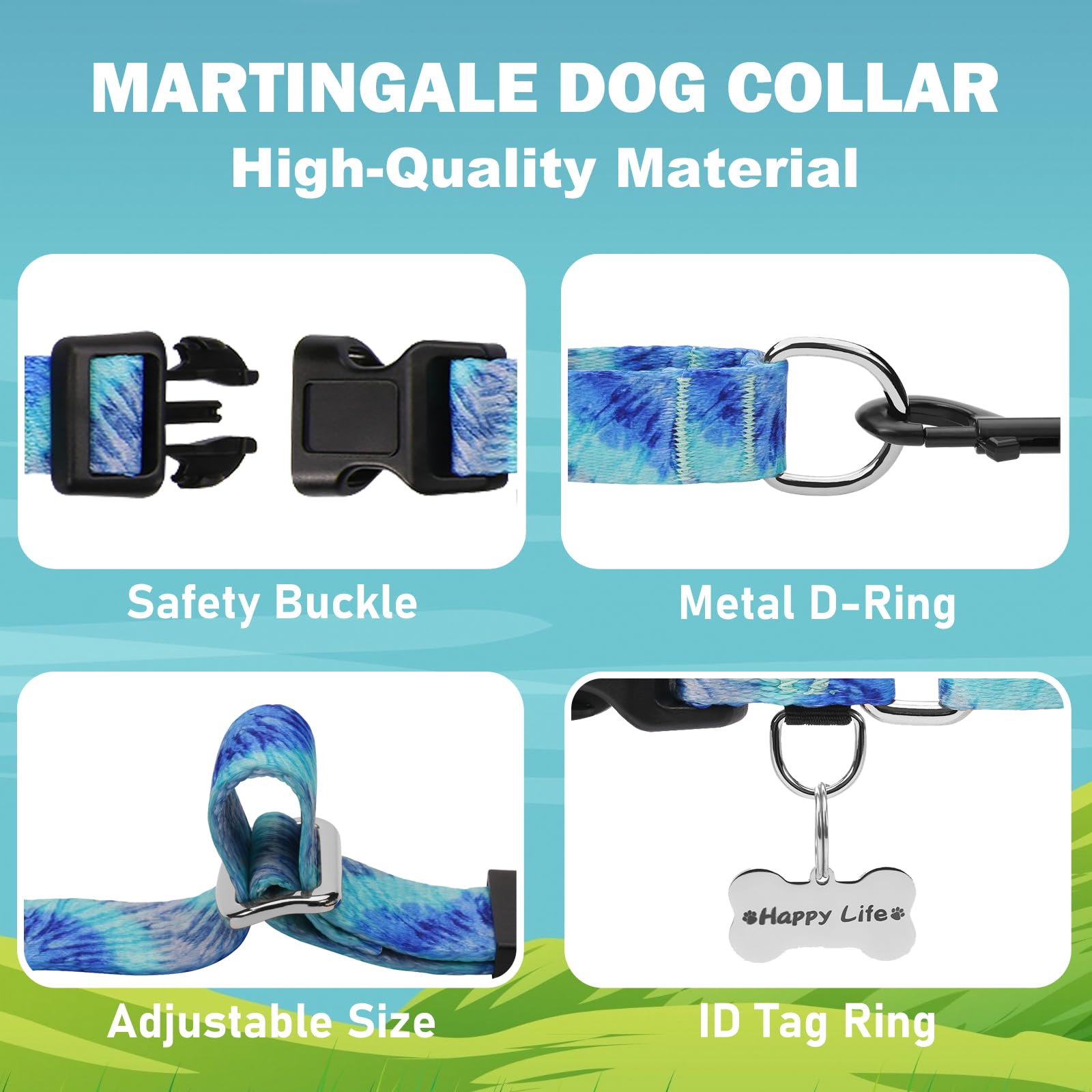 Fidohug Martingale Collar With Buckle Blue Tie Dye Training Collar Adjustable Nylon Boy Dog Collars (Blue Teal, Large)